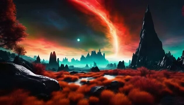 A vibrant alien planet with glowing forests, towering crystalline mountains, and rivers of liquid light under a sky with three moons