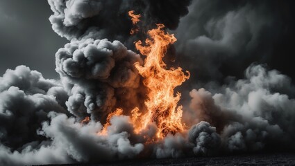 Fiery Inferno Surrounded By Thick Gray Smoke Clouds.