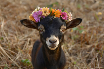 Close up of a cute baby goat adorned with a colorful flower crown, happily enjoying a sunny spring day in a vibrant meadow