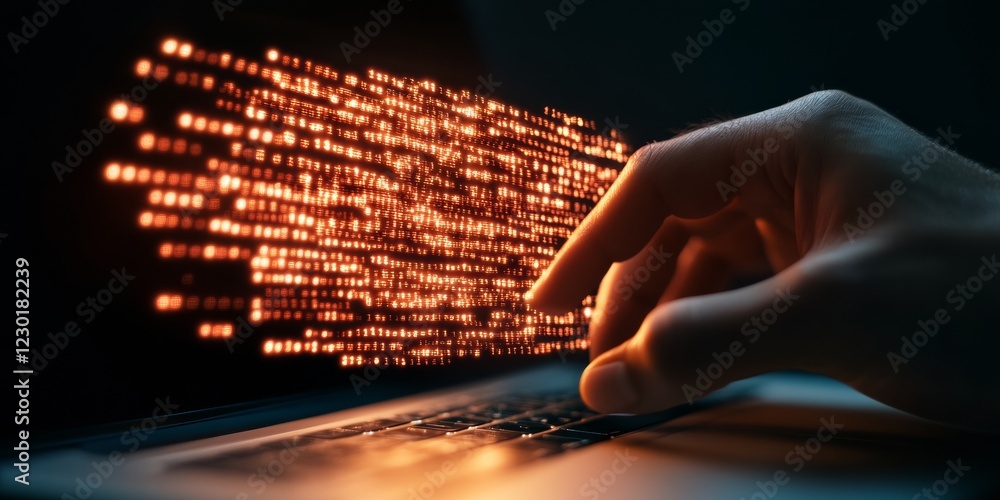 Poster Futuristic Tech Aesthetic Hand Interacting with Digital Code on Laptop Screen - Innovative Cybersecurity Interface for Modern IT Solutions and Data Protection