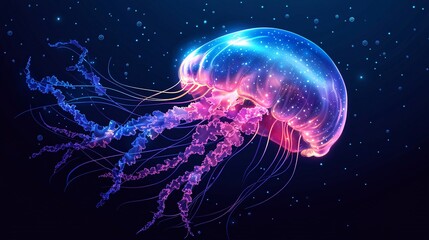 A vector illustration of a neon jellyfish skin texture with transparent, glowing blues and purples.
