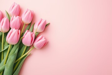 Pink tulips are lying on a pink surface, creating a delicate and romantic floral arrangement