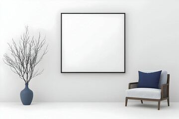 Minimalist room, empty frame, chair, decor