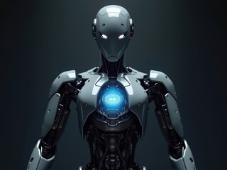 Naklejka premium Advancements in nuclear fusion technology showcased by a futuristic robotic figure with a glowing core