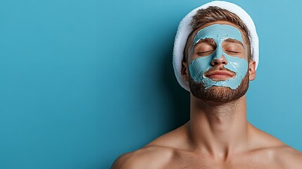 Young caucasian male enjoying skincare with blue face mask against blue background