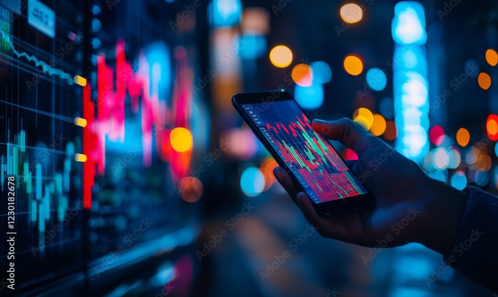 Aufkleber a hand trader in the night city ambiance interacts with a smartphone showing stock market analysis g
