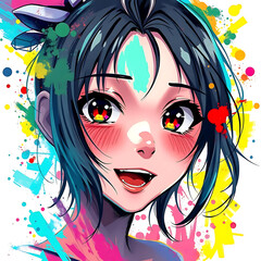 Naklejka premium Vibrant Anime Girl with Multi-Colored Hair and Eyes
