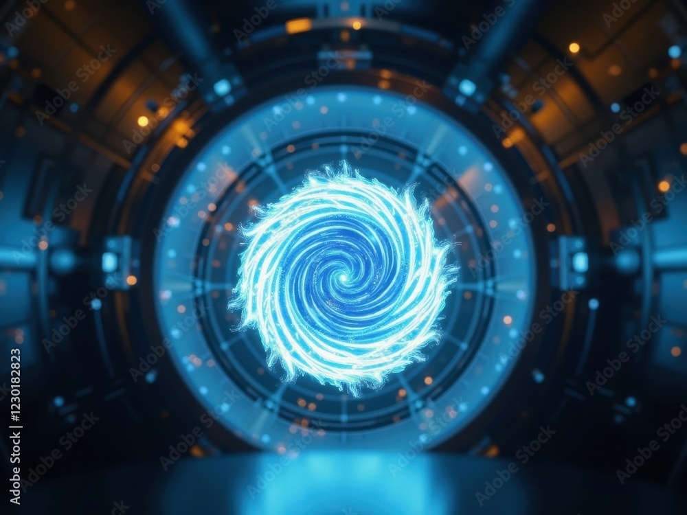 Poster exploring advancements in nuclear fusion technology in a futuristic laboratory setting with a glowin