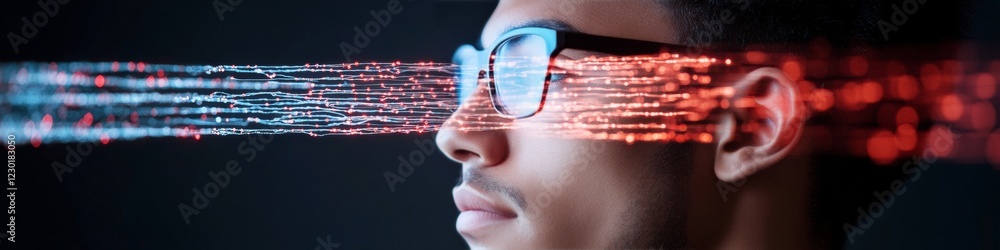 Poster futuristic digital vision young male engineer with smart glasses analyzing virtual network topology 