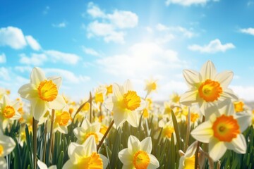 Obraz premium Field of narcissus flowers blooming under sunny sky, creating beautiful spring landscape