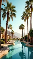 Fototapeta premium Palm trees sway in gentle breeze amidst serene desert oasis, oasis, palm
