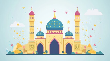 Colorful Mosque with Domes and Minarets on a Light Background