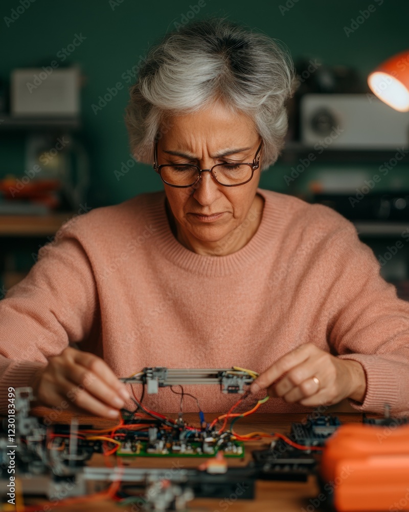 Aufkleber creative home robotics middle-aged south asian woman assembling diy robot kit on wooden desk - innov