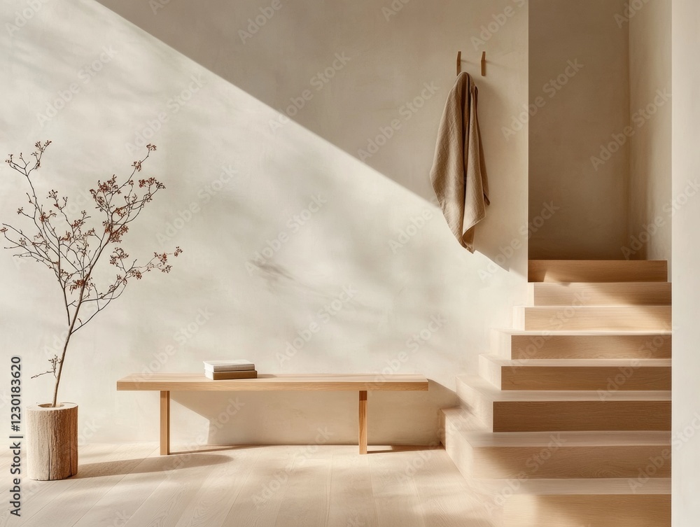 Poster minimalist entryway design light-filled wooden bench with hidden storage and coat rack for urban liv