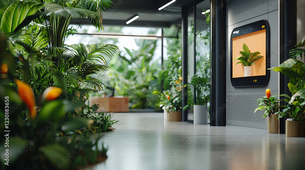 Poster innovative startup lab showcasing augmented reality tools for visualization in a lush green environm