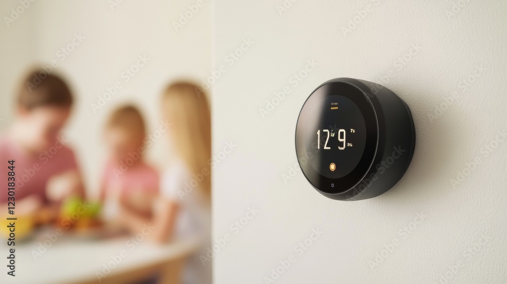 Poster Minimalist Thermostat Display Sleek Smart Device on Textured Wall - Home Automation for Energy Efficiency and Warm Family Living Experience