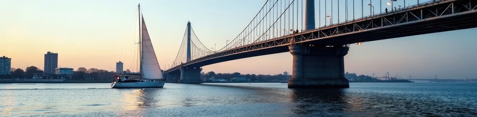 Fototapeta premium Sailboat under bridge at Bremerhaven's harbor in the Geeste estuary, sailboat, sailing, bremerhaven