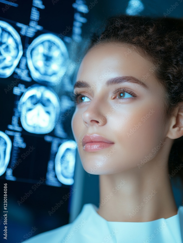 Poster Futuristic Medical Imaging Radiology Technician with Illuminated Brain Scan Display - Advanced Diagnostics and Innovative Screening Solutions in Healthcare Environments