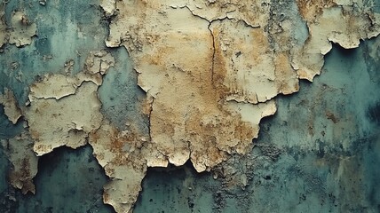 Obraz premium Cracked and peeling paint on a textured wall, showing layers of aged color and damage.
