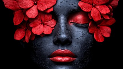 Dark Beauty: Red Flowers and Black Skin: A dramatic close-up portrait of a woman's face, adorned with vibrant red flowers covering her eyes, against a deep black background.