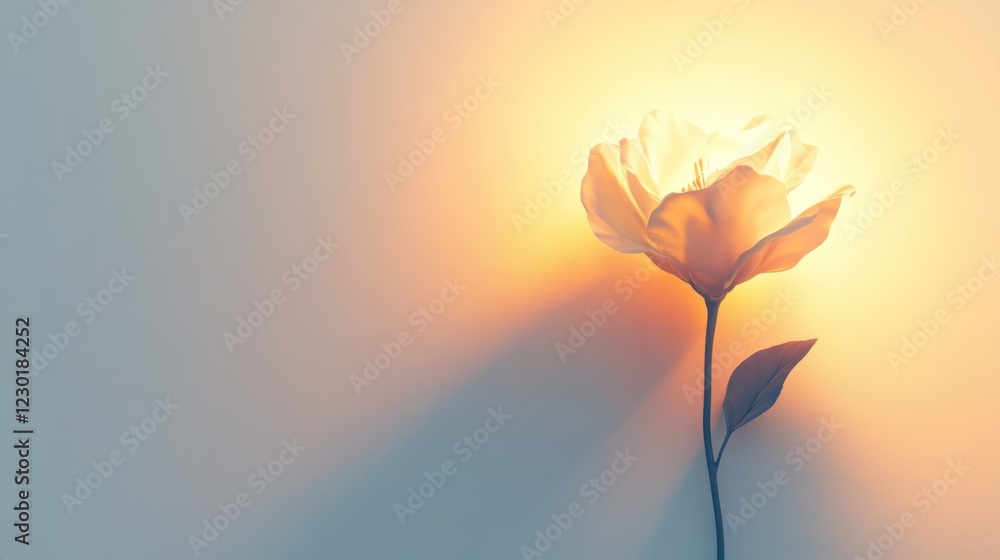 Poster delicate flower illuminated by soft light against a minimalistic background, creating a serene atmos