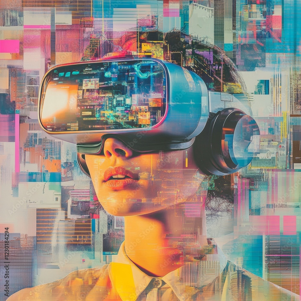 Poster holographic virtual reality collage innovative tech textures and digital interfaces for interactive 
