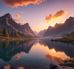 Peaceful evening at the lake with a beautiful sunset and mountains, tranquil scene, , lake