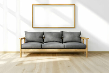 Modern sofa, empty frame, sunlit room, home decor
