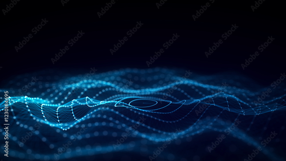 Poster abstract circle wave with moving dots. flow of particles. cyber technology illustration. 3d renderin