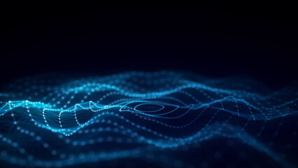 Abstract circle wave with moving dots. Flow of particles. Cyber technology illustration. 3d rendering.