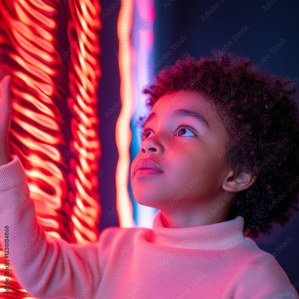 Poster interactive holographic art experience child engages with motion-sensitive light installation - mode
