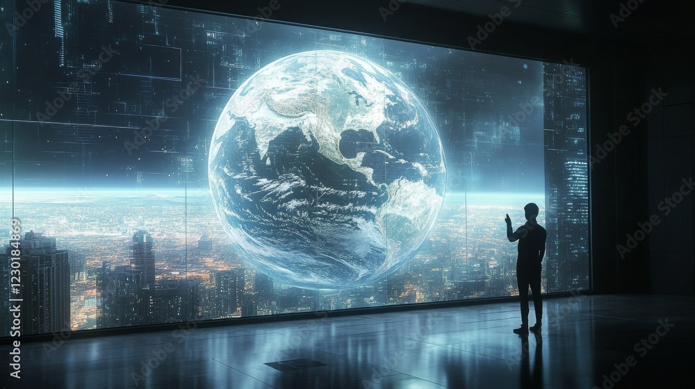 Poster cutting-edge minimalist interior glass holographic globe console for futuristic business innovation 