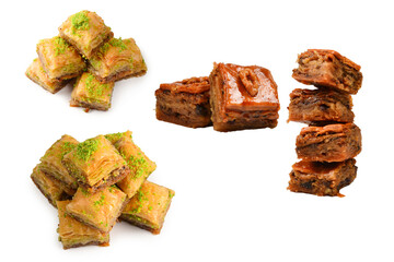Pistachio baklava on a white background. Dessert.