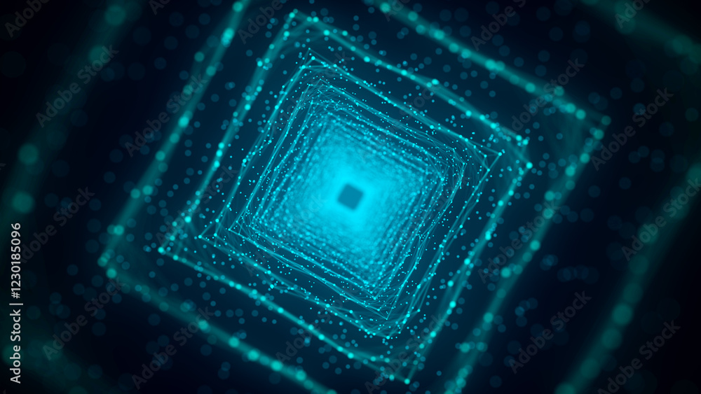 Poster cyber square tunnel consisting of moving glowing points. futuristic infinite space background. conce