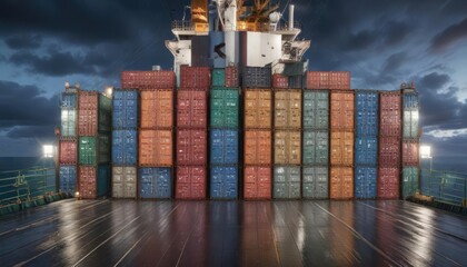 Obraz premium massive containers stacked high on the deck of a cargo ship, seafaring, stack, cargo ship