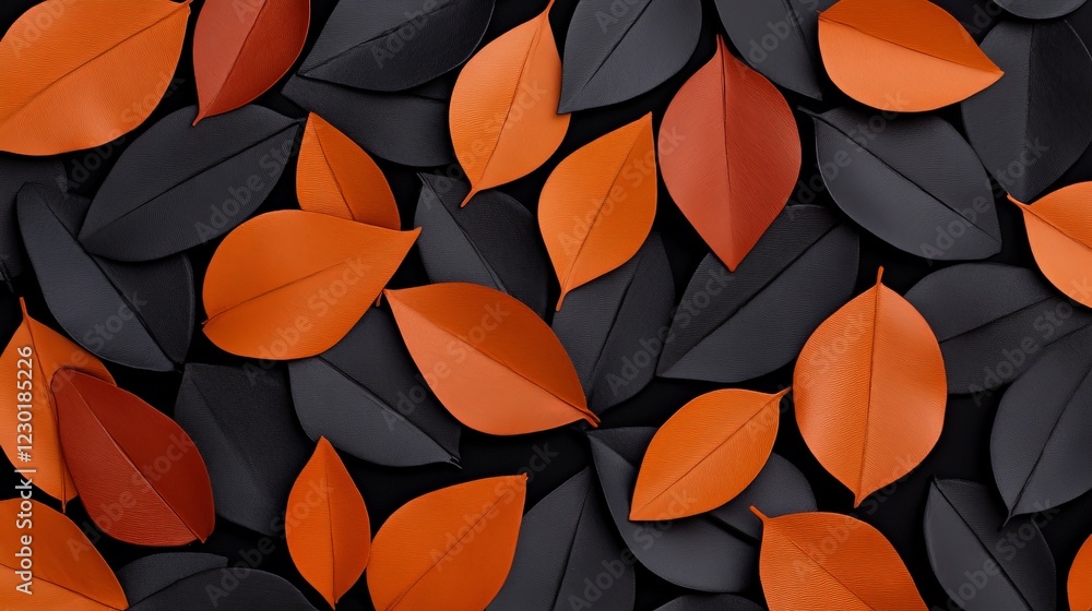 Poster autumnal abstract: a captivating flat lay featuring dark and burnt orange paper leaves, creating a v