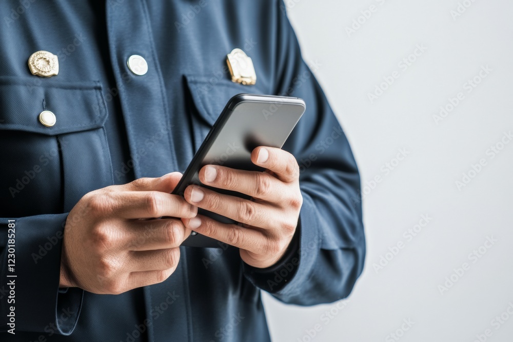 Poster smart security attire modern police officer engages with smartphone alert tech-integrated uniform fo