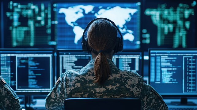 Military operations monitoring command center digital interface high-tech environment rear view strategic insights