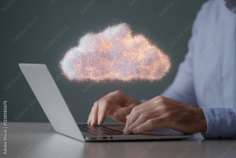 Poster Futuristic Tech Hub Glowing Cloud Icon Over Laptop Typing - Secure Data Solutions and Digital Connectivity For Business Innovation and IT Security Services
