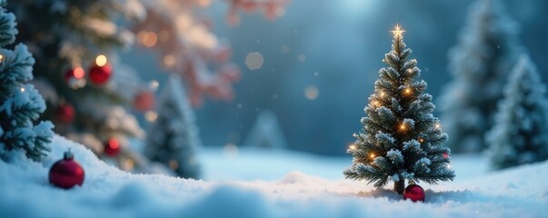 Miniature Christmas tree inside a snowy landscape, icy trees, festive decorations