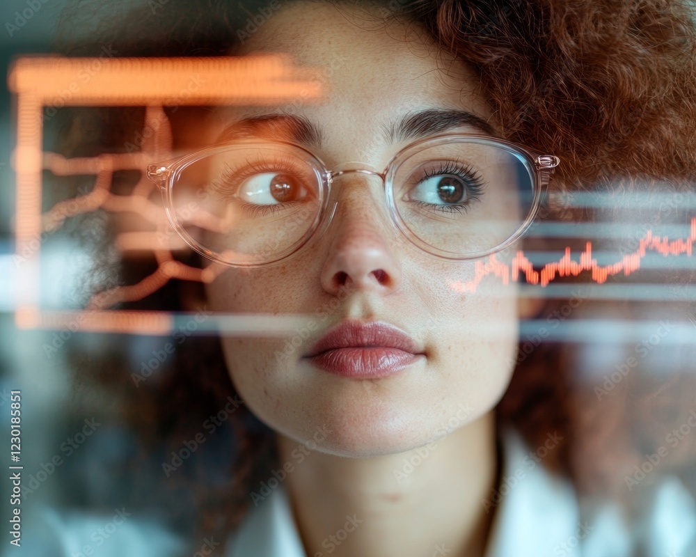 Aufkleber innovative tech interface young woman analyzing digital data on holographic screens - modern busines