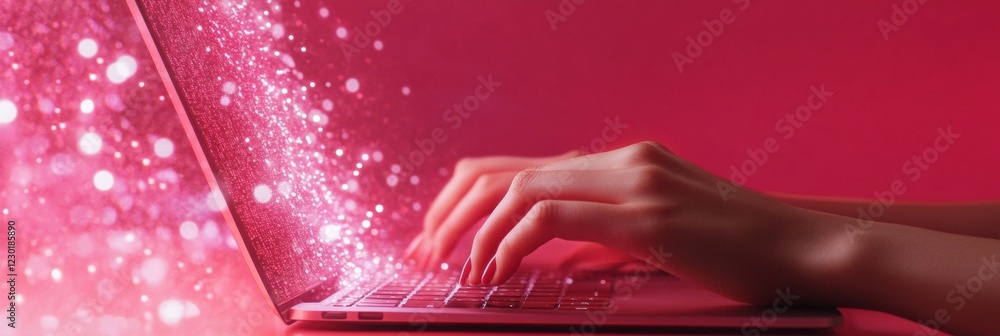 Aufkleber Futuristic Holographic Code Display Hands Typing on Sleek Laptop with Digital Streams - Modern Software Development Innovation for Tech-Driven Business Advancements