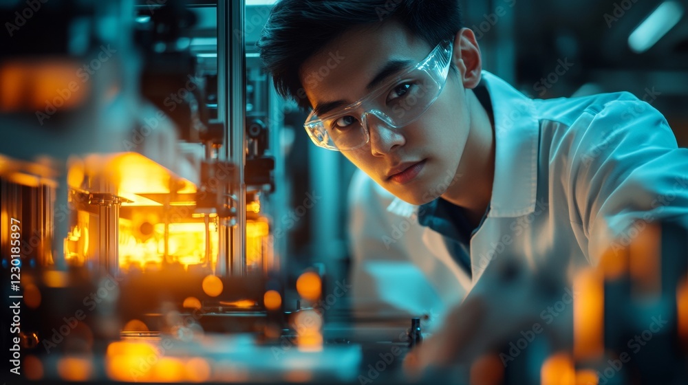 Aufkleber futuristic lab dynamics young east asian engineer calibrating industrial printer amid luminous scree