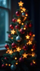 Sparkling fairy lights weave through Christmas tree branches with ornaments, christmas, fairy, festively