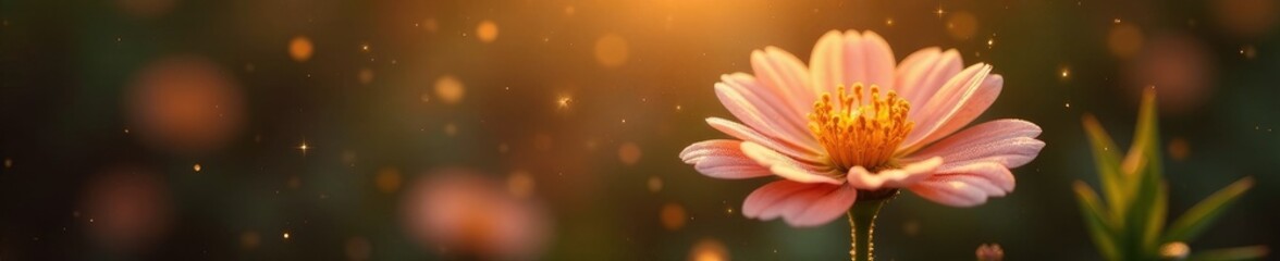 Fototapeta premium Sparkling gold dust settles on a delicate flower, golden, flower