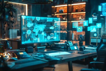 Naklejka premium Futuristic Tech Workspace Data Analytics, Global Network, Cybersecurity