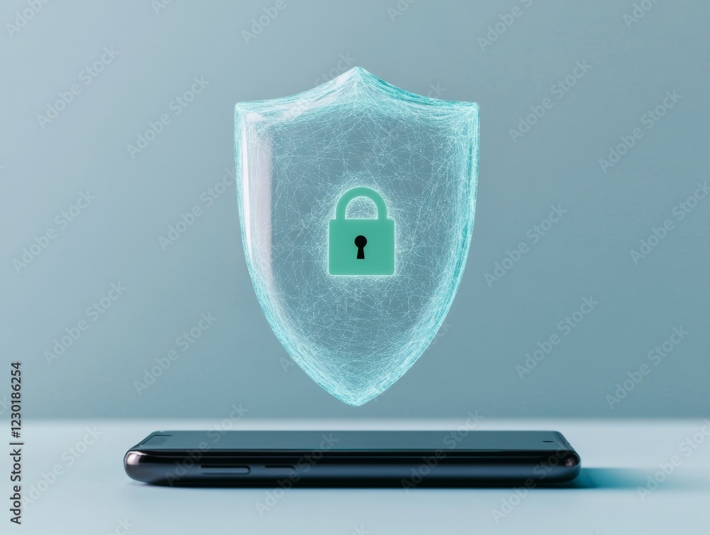 Poster minimalist digital shield on smartphone abstract cybersecurity with encrypted lock icon in cold blue