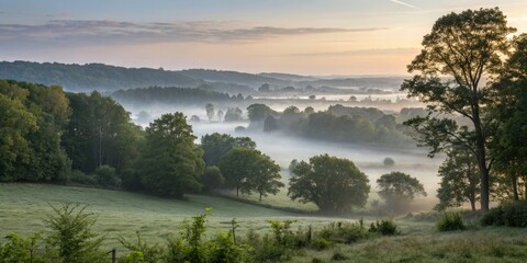 Fototapeta premium Misty dawn breaks through the forest canopy, tranquility, fog, stillness