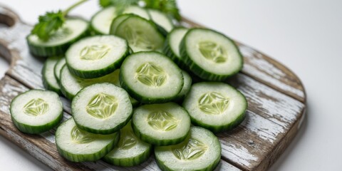Fresh Juicy Cucumber Slices on Rustic Wooden Cutting Board.
