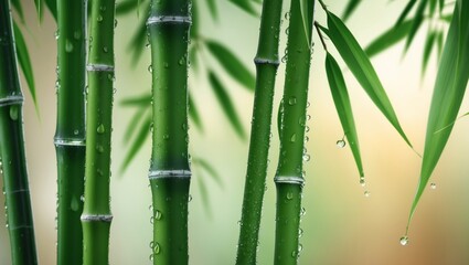 Fototapeta premium Close Up of Green Bamboo Stalks with Water Droplets.